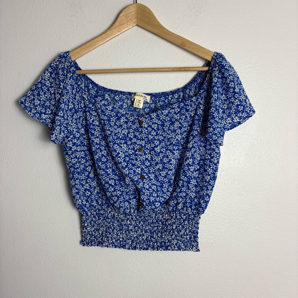 Monteau Blue Floral Smocked Waist Blouse